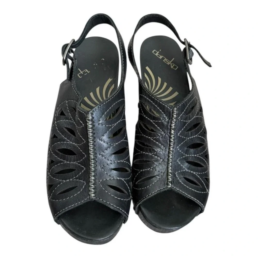 Dansko Black leather platform wedges heels with cutouts and studded details - Picture 3 of 4